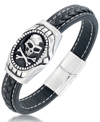 ANDREW CHARLES BY ANDY HILFIGER ANDREW CHARLES BY ANDY HILFIGER MEN'S BLACK LEATHER SKULL BRACELET IN STAINLESS STEEL