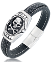 Andrew Charles By Andy Hilfiger Men's Black Leather Skull Bracelet In Stainless Steel