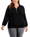 JM COLLECTION PLUS SIZE ZIP-FRONT SIDE-RUCHED TOP, CREATED FOR MACY'S