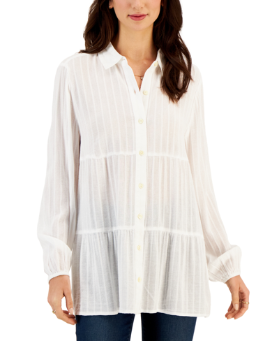 Style & Co Petite Tiered Button-front Long-sleeve Shirt, Created For Macy's In Bright White
