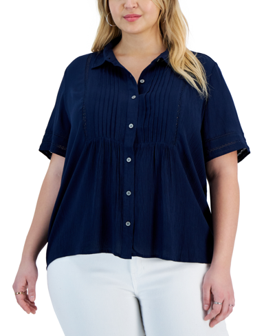Style & Co Women's Pintuck Short-sleeve Button-front Shirt, Created For Macy's In Industrial Blue