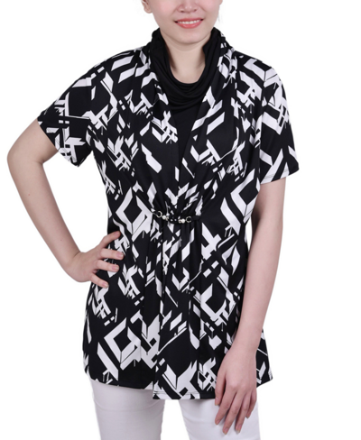 Ny Collection Petite Printed Adjustable Face-covering Top In Black