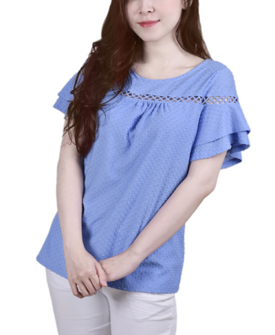 Ny Collection Petite Short Double Flutter Sleeve Swiss Dot Top In Blue