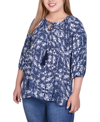 Ny Collection Plus Size 3/4 Sleeve Peasant Top With Tie Neckline In Multi