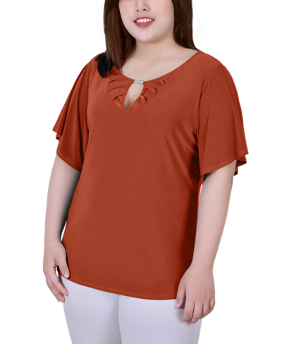 Ny Collection Plus Size Short Flutter Sleeve Knit Top In Brown