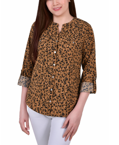 Ny Collection Plus Size 3/4 Sleeve Roll Tab Y-neck Blouse Top In Taupe Animal