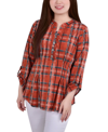 Ny Collection Plus Size Long Sleeve Roll Tab Sleeve Plaid Y-neck Top In Red