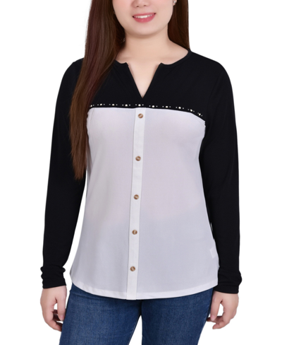 Ny Collection Petites Womens Colorblock Embellished Blouse In White