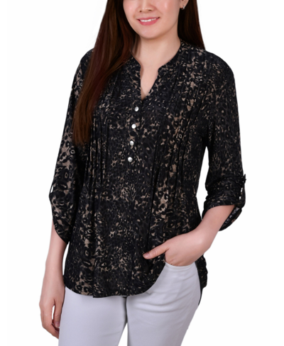 Ny Collection Petite Pintuck Roll Tab Sleeve Top In Black