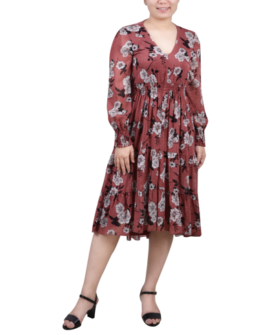 Ny Collection Women's Long Sleeve Clip Dot Chiffon Dress With Smocked Waist And Cuffs Dress In Black Mauve Shadown
