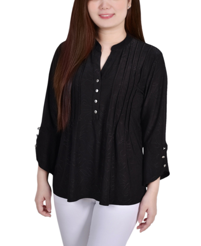 Ny Collection Women's 3/4 Sleeve Overlapped Bell Sleeve Y-neck Top In Black
