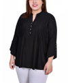 Ny Collection Plus Size 3/4 Sleeve Overlapped Bell Sleeve Y-neck Top In Black