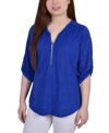 Ny Collection Women's 3/4 Roll Tab Zip Front Jacquard Knit Top In Blue