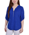 Ny Collection Women's 3/4 Roll Tab Zip Front Jacquard Knit Top In Blue