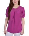 Ny Collection Plus Size Short Puff Sleeve Sheer Inset Top In Pink