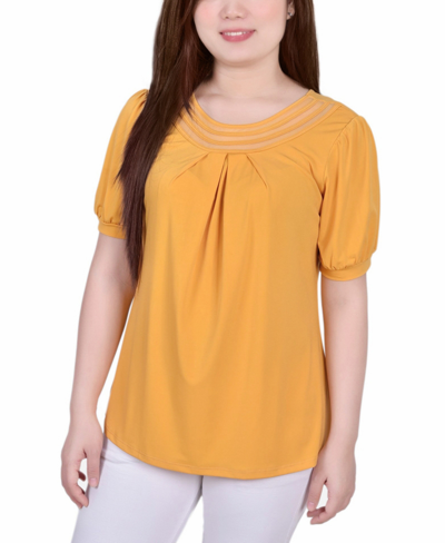 Ny Collection Petite Short Puff Sleeve Mesh Inset Top In Gold