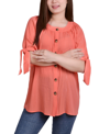 Ny Collection Petites Womens Metallic Tie Sleeve Button-down Top In Orange