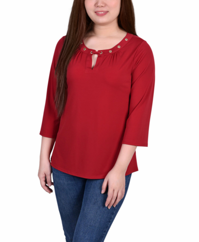 Ny Collection Petite Size 3/4 Sleeve Grommet Top In Red