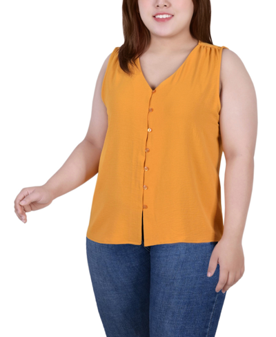 Ny Collection Plus Size Sleeveless Button-front Blouse In Gold