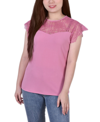 Ny Collection Petite Size Crepe Knit Top With Lace Flanged Sleeve And Yoke In Pink