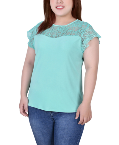 Ny Collection Plus Size Crepe Knit Top With Lace Flanged Sleeve In Bermuda