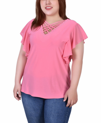 Ny Collection Plus Size Flutter Sleeve Top With Criss Cross Strips In Pink