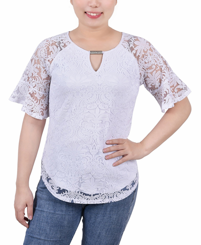 Ny Collection Petite Short Bell Sleeve Lace Blouse In White