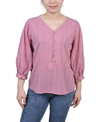Ny Collection Petite Size 3/4 Sleeve Button Placket Jacquard Blouse In Purple