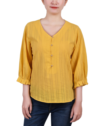 Ny Collection Petite Size 3/4 Sleeve Button Placket Jacquard Blouse In Yellow