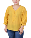 Ny Collection Petite Size 3/4 Sleeve Button Placket Jacquard Blouse In Yellow