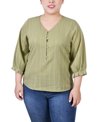 Ny Collection Petite Size 3/4 Sleeve Button Placket Jacquard Blouse In Green