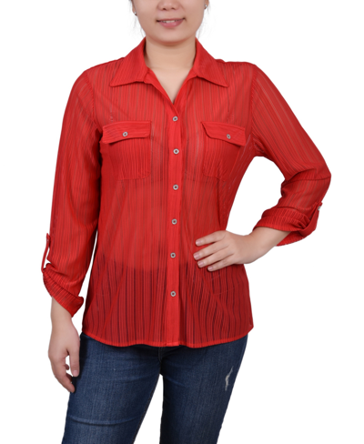 Ny Collection Petite Long Roll Tab Sleeve Burnout Knit Top In Red