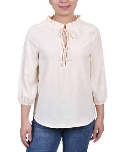 Ny Collection Petite 3/4 Sleeve Ruffle Neck Blouse In White