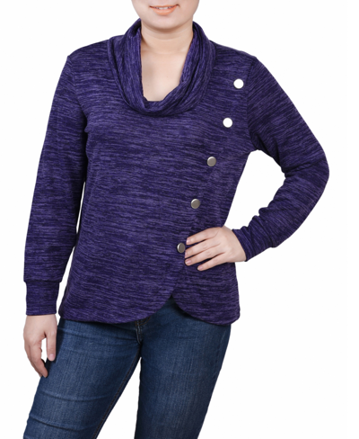 Ny Collection Petite Size Long Sleeve Overlapping Cowl Neck Top In Purple