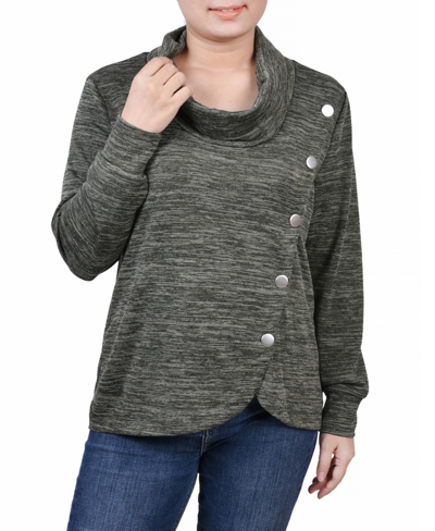 Ny Collection Women's Missy Long Sleeve Overlapping Cowl Neck Top In Gray