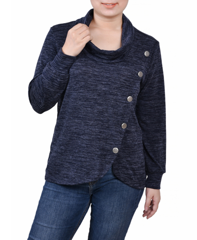 Ny Collection Petite Size Long Sleeve Overlapping Cowl Neck Top In Navy Enzoz