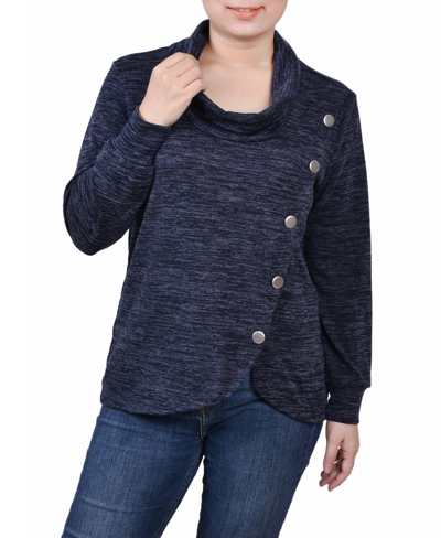 Ny Collection Women's Missy Long Sleeve Overlapping Cowl Neck Top In Blue