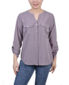 Ny Collection Women's 3/4 Roll Tab Sleeve Mandarin Collar Blouse In Brown