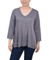 Ny Collection Petite 3/4 Sleeve V-neck Top In Gray