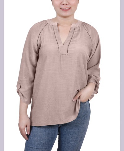 Ny Collection Petite Raglan Sleeve Split Neck Blouse In Tan/beige