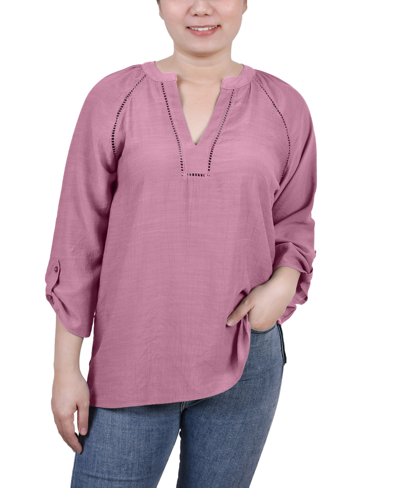 Ny Collection Petite Raglan Sleeve Split Neck Blouse In Purple