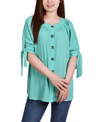 Ny Collection Petites Womens Metallic Tie Sleeve Button-down Top In Green
