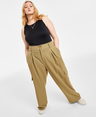 And Now This Trendy Plus Size Wide-leg Pleated Cargo Pants In Olive