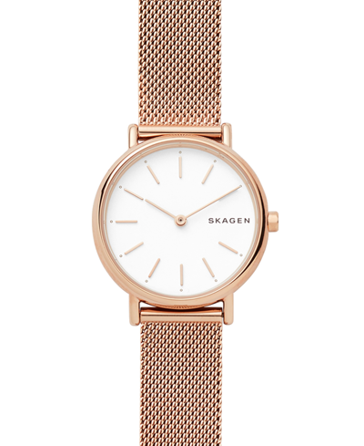 Skagen Women's Signatur Slim Rose Gold-tone Stainless Steel Mesh Bracelet Watch 30mm In Rose Gold/ White/ Rose Gold