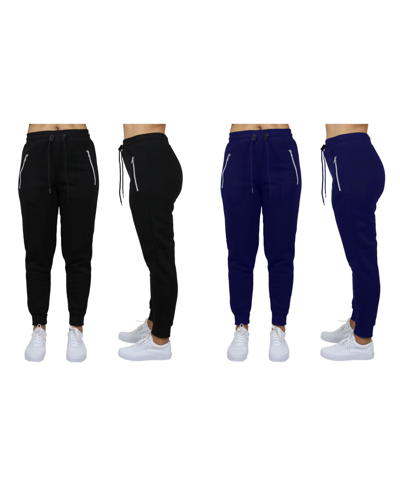 Galaxy By Harvic Women's Loose Fit Fleece Joggers With Zipper Pockets, Pack Of 2 In Black - Navy