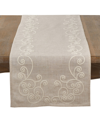 Saro Lifestyle Embroidered Swirl Design Natural Linen Blend Table Runner In Tan/beige
