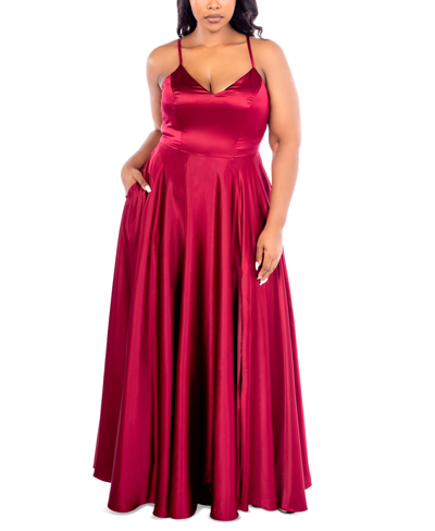 B Darlin Trendy Plus Size Satin Sleeveless Gown In Wine