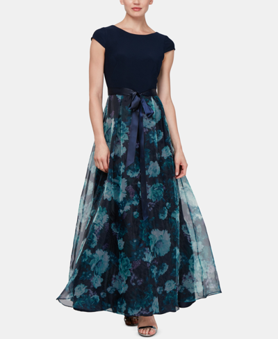 Sl Fashions Floral-organza Gown In Navy Floral