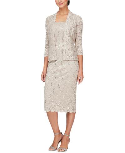 Sl Fashions 2-pc. Lace Jacket & Midi Dress Set In Tan/beige