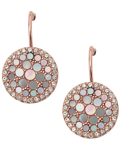 Fossil Val Mosaic Mother Of Pearl Disc Drop Earring In Rose Gold-tone